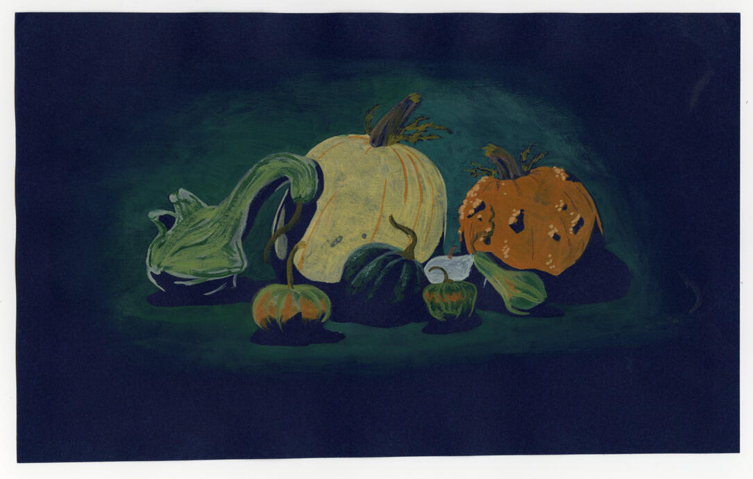 Seasonal Still Life, gouache on colored paper, 2022