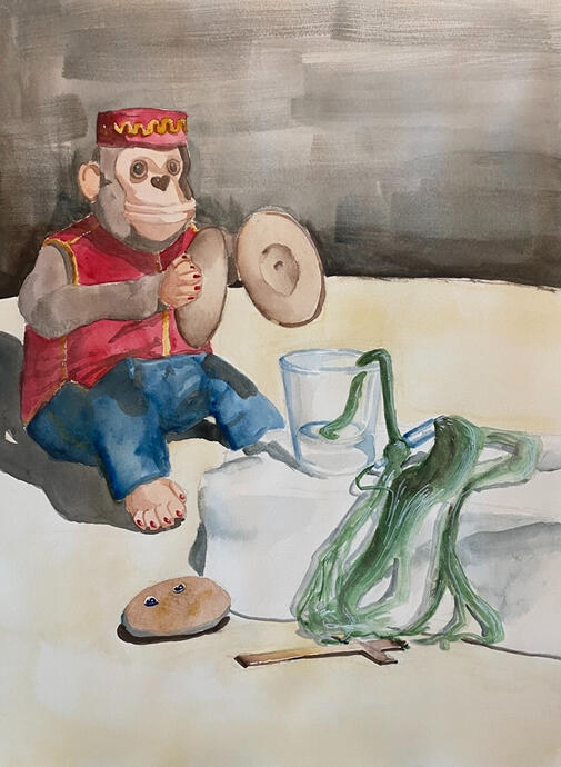 Monkey Still Life, watercolor on paper, 2022