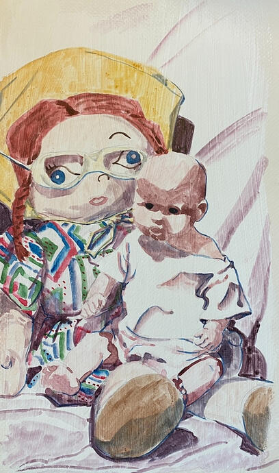 Doll Still Life, watercolor on illustration board, 2022