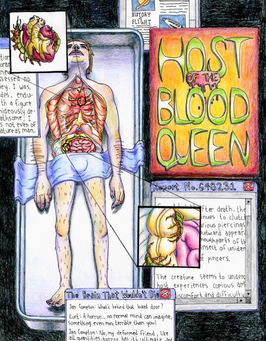 "Host of the Blood Queen" colored pencil on paper, 2023